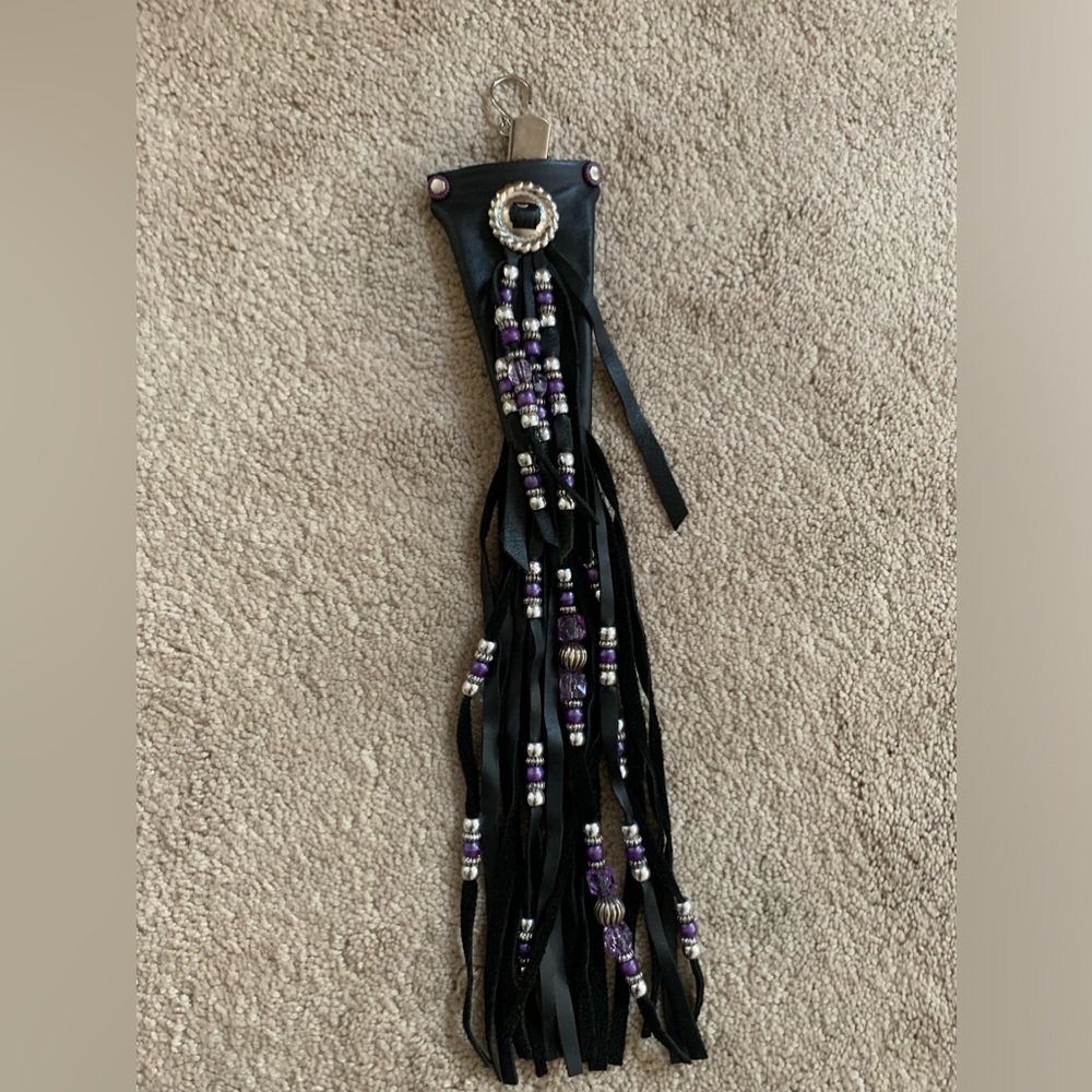 Leather hair wrap with purple and silver tassels